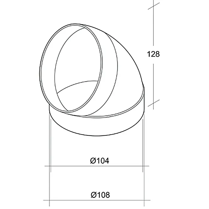 Air-Circle Rundrohr-Bogen - Durchmesser: 100 mm, Winkel: 45 ° - Abbildung eines Kanalrohrbogens mit den Maßen 128 mm Höhe und Durchmessern von 104 mm und 108 mm zur Verwendung im Sanitärbereich.