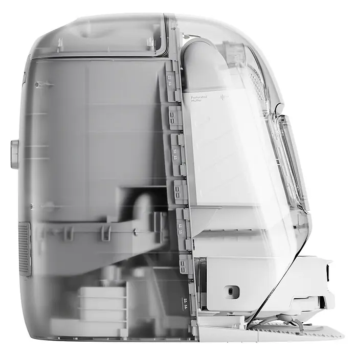 DJI Saugwischroboter P - Saugkraft: 25.000 Pa, Akkulaufzeit: 180 min, Fassungsvermögen Roboter: 260 ml - Transparente Seitenansicht eines iMac G4, zeigt interne Komponenten und den „Perforated Muffler“.