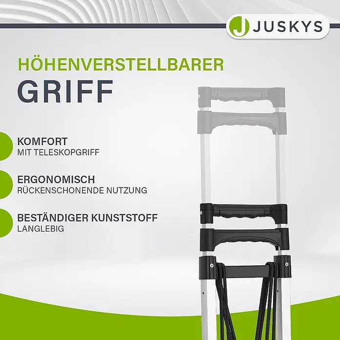 Juskys Treppen-Sackkarre - Aluminium, Traglast: 80 kg - Höhenverstellbarer Teleskopgriff eines Sackkarrens, mit schwarzen Kunststoffgriffen und silbernen Metallstangen für ergonomische, langlebige Nutzung.