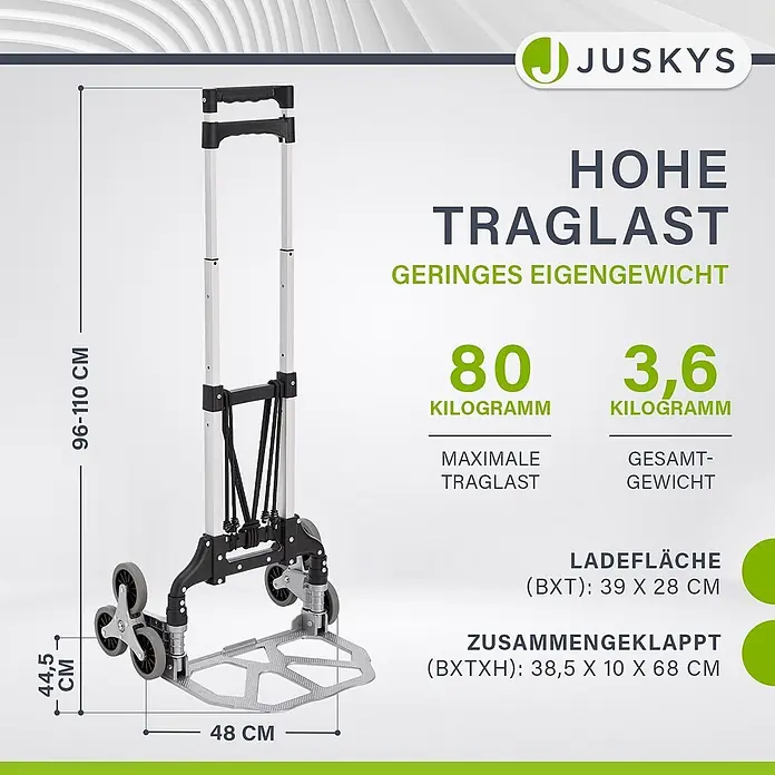 Juskys Treppen-Sackkarre - Aluminium, Traglast: 80 kg - Silberner und schwarzer klappbarer Treppensteiger-Sackkarren mit Teleskopgriff und Mehrradsystem.