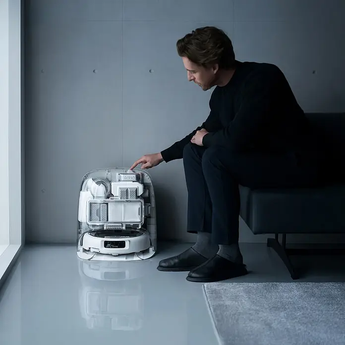 DJI Saugwischroboter P - Saugkraft: 25.000 Pa, Akkulaufzeit: 180 min, Fassungsvermögen Roboter: 260 ml - Ein Mann drückt einen Knopf an einer transparenten Ladestation für einen weißen Saugroboter. Die Station zeigt interne Komponenten.