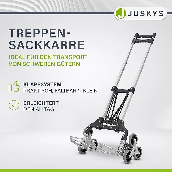 Juskys Treppen-Sackkarre - Aluminium, Traglast: 80 kg - Faltbare Treppen-Sackkarre mit silbernem Rahmen, schwarzen Komponenten und Mehrradsystem für Schwertransport.