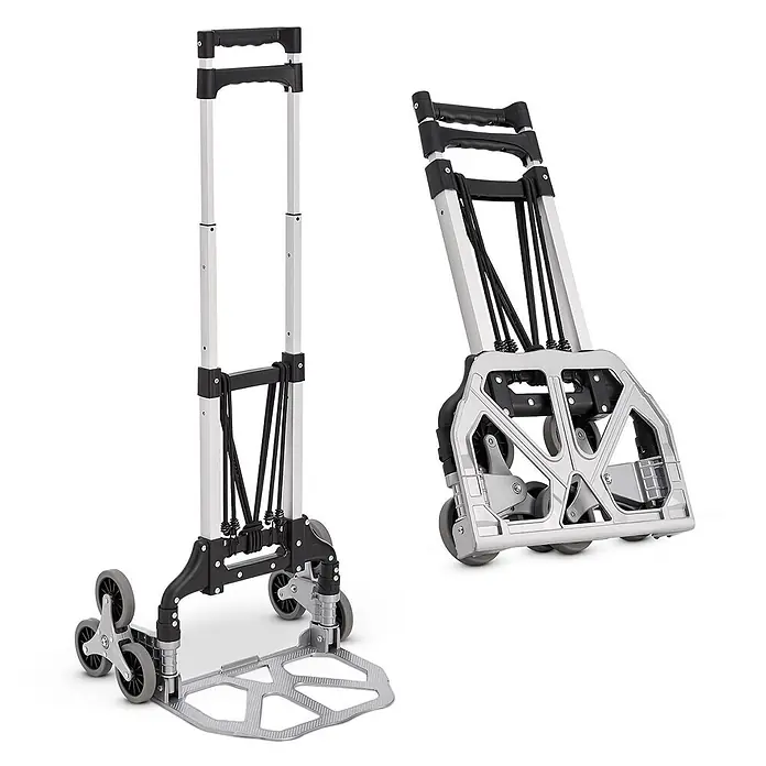 Juskys Treppen-Sackkarre - Aluminium, Traglast: 80 kg - Klappbarer Aluminium-Sackkarren mit schwarzen Griffen und grauen Treppensteigrädern, ausgefahren und zusammengeklappt.