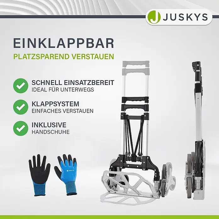 Juskys Treppen-Sackkarre - Aluminium, Traglast: 80 kg - Ein silberner und schwarzer klappbarer Sackkarren, offen und zusammengeklappt gezeigt, mit einem Paar blauer und schwarzer Arbeitshandschuhe.