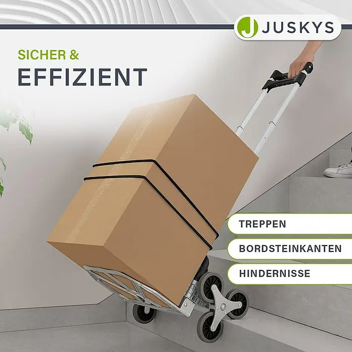 Juskys Treppen-Sackkarre - Aluminium, Traglast: 80 kg - Juskys Treppenkarre transportiert eine große Box mit ihrem speziellen Dreiradsystem eine Treppe hinauf.