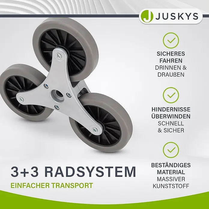 Juskys Treppen-Sackkarre - Aluminium, Traglast: 80 kg - Graues 3+3 Kletterradsystem mit silbernem Metallrahmen, für einfachen Transport und Überwindung von Hindernissen.