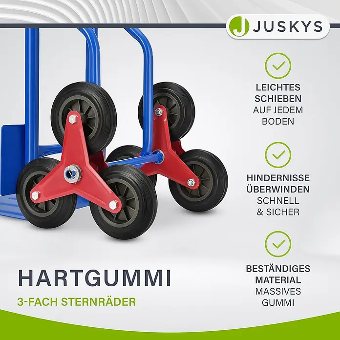 Sackkarre Transportkarre Treppenkarre klappbar Treppensackkarre Juskys® -  - Nahaufnahme von roten und schwarzen Hartgummi 3-fach Sternrädern für einfaches Überwinden von Hindernissen.