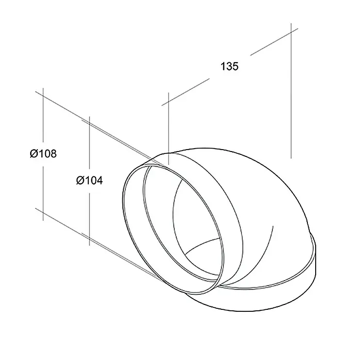 Air-Circle Rundrohr-Bogen - Durchmesser: 100 mm, Winkel: 90 ° - Die Abbildung zeigt einen abgewinkelten Rohrverbinder mit den Durchmessern Ø104 und Ø108 sowie einer Länge von 135 mm.