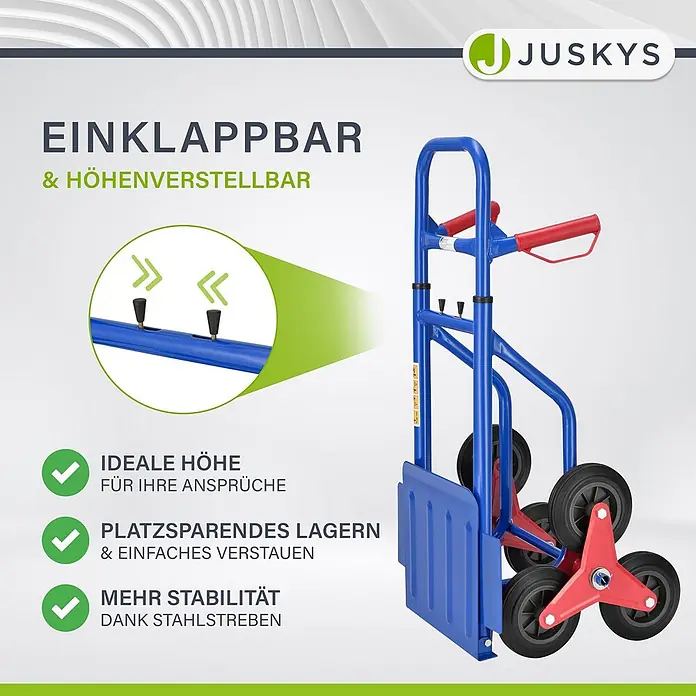 Sackkarre Transportkarre Treppenkarre klappbar Treppensackkarre Juskys® -  - Blauer und roter klappbarer Stahl-Hubwagen mit sternförmigen Treppensteigrädern und höhenverstellbarem Griff.