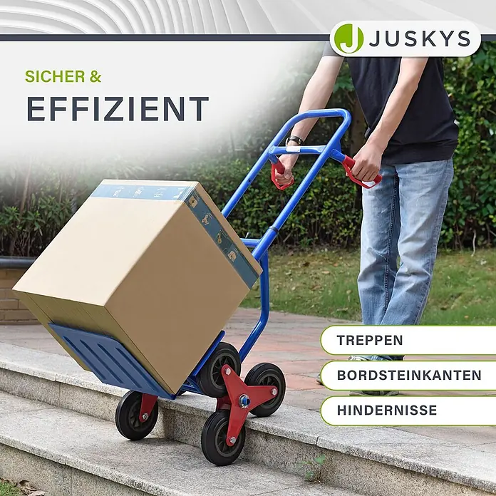 Sackkarre Transportkarre Treppenkarre klappbar Treppensackkarre Juskys® -  - Blauer und roter Treppensteiger mit Karton auf Stufen, zeigt die Nutzung zum Überwinden von Hindernissen.