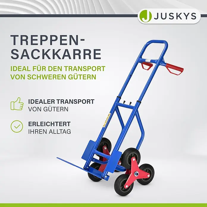 Sackkarre Transportkarre Treppenkarre klappbar Treppensackkarre Juskys® -  - Blauer Treppen-Sackkarren mit roten Griffen und speziellen dreirädrigen Sternrädern für einfachen Transport auf Treppen.