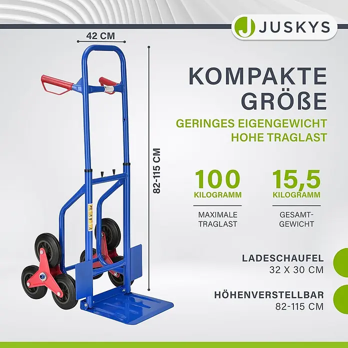 Sackkarre Transportkarre Treppenkarre klappbar Treppensackkarre Juskys® -  - Blaue Sackkarre mit Treppensteigerfunktion und roten Griffen, kompakt und höhenverstellbar.