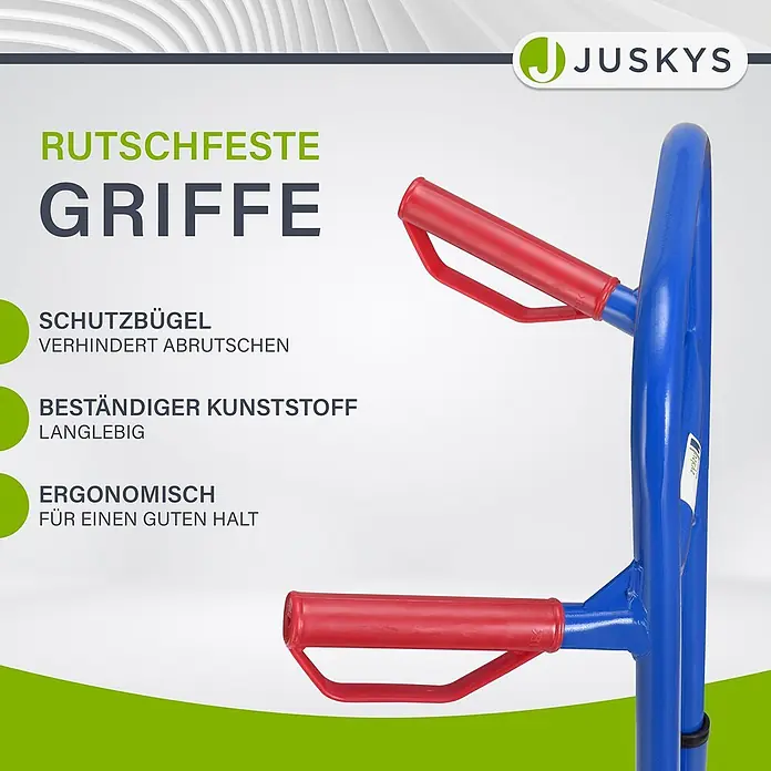 Sackkarre Transportkarre Treppenkarre klappbar Treppensackkarre Juskys® -  - Rote, rutschfeste Griffe aus robustem Kunststoff an einem blauen Rahmen für sicheren Halt.