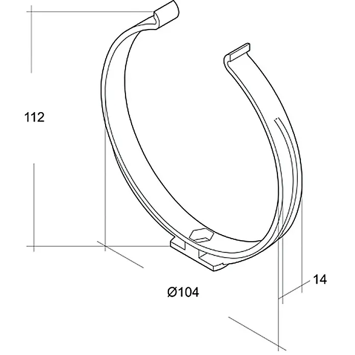 Air-Circle Rundrohr-Halter - Durchmesser: 100 mm - Technische Zeichnung einer Rohrschelle mit den Maßen 112 mm Höhe, 104 mm Durchmesser und 14 mm Breite.