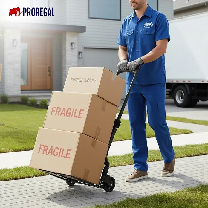 Proregal Sackkarre ELEPHANT 70 aus Aluminium mit klappbarer Schaufel & Vollgummibereifung - Aluminium, Traglast: 70 kg - Eine Person in blauer Uniform schiebt eine schwarze Sackkarre mit Kartons, beschriftet „FRAGILE“, zu einem Haus; ein Umzugswagen ist im Hintergrund.