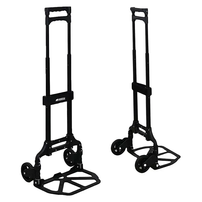Proregal Sackkarre ELEPHANT 70 aus Aluminium mit klappbarer Schaufel & Vollgummibereifung - Aluminium, Traglast: 70 kg - Zwei schwarze faltbare Sackkarren mit ausziehbaren Griffen und Rädern, eine voll ausgefahren, eine teilweise geklappt.