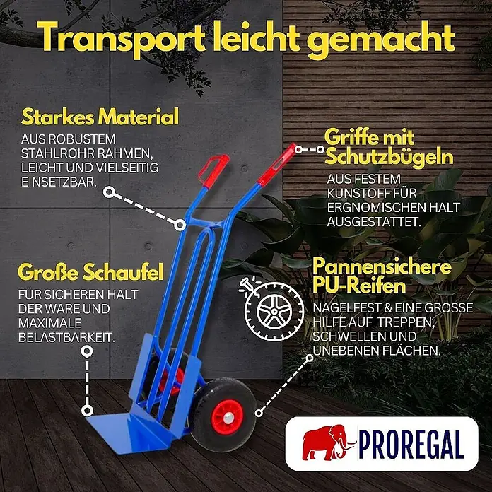 Stahlrohr-Sackkarre RHINO mit XL Schaufel, gebogenen Streben & pannensichere PU-Bereifung | Traglast 250kg | HxBxT 104x60x50cm | Blau | Transportkarre Staplerkarre Karrenwagen -  - Blauer Sackkarren mit roten Griffen und pannensicheren Reifen, für einfachen Transport und schwere Lasten auf verschiedenen Untergründen.