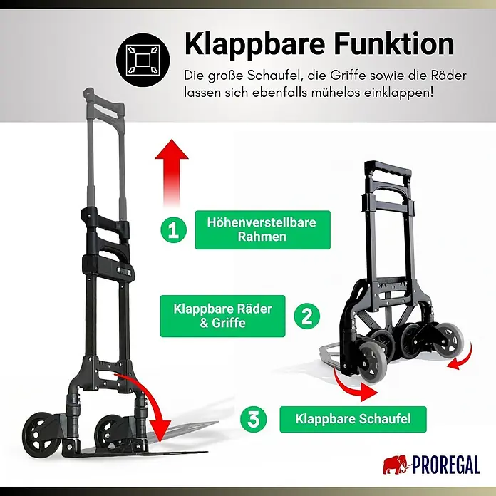 Proregal Sackkarre ELEPHANT 70 aus Aluminium mit klappbarer Schaufel & Vollgummibereifung - Aluminium, Traglast: 70 kg - Schwarze klappbare Sackkarre mit höhenverstellbarem Rahmen, klappbaren Rädern und einklappbarer Ladefläche.