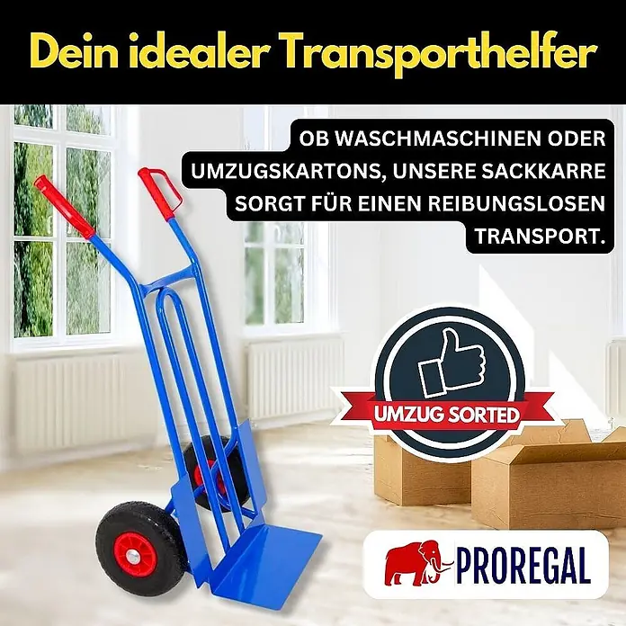 Proregal Sackkarre RHINO mit XL Schaufel, 250 kg Traglast & PU-Bereifung - Stahl, Traglast: 250 kg - Blaue Sackkarre mit roten Griffen und schwarzen Rädern, in einem leeren Raum mit Umzugskartons für Transportaufgaben.