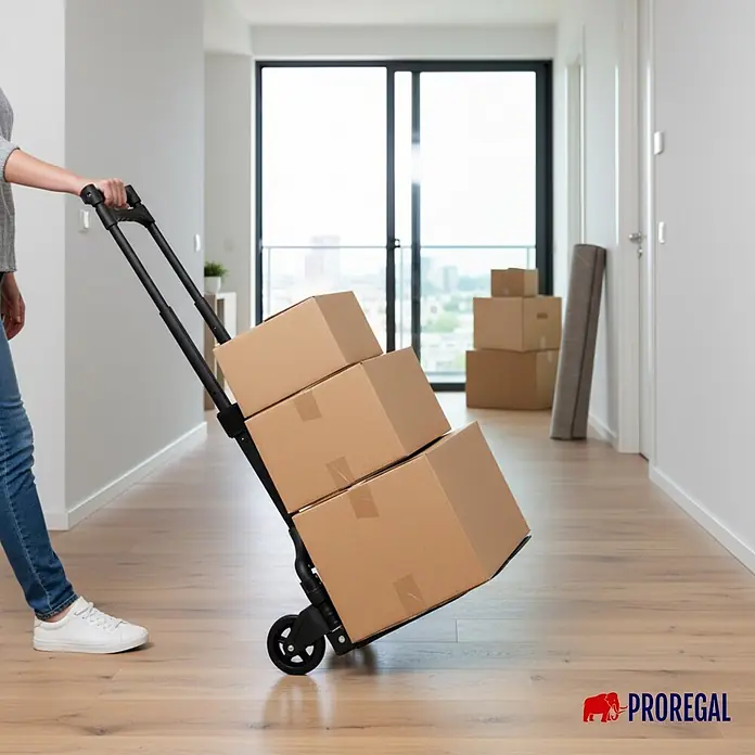Proregal Sackkarre ELEPHANT 70 aus Aluminium mit klappbarer Schaufel & Vollgummibereifung - Aluminium, Traglast: 70 kg - Eine Person schiebt eine schwarze Sackkarre mit drei braunen Kartons einen hellen Flur entlang, die das Produkt in Gebrauch zeigt.