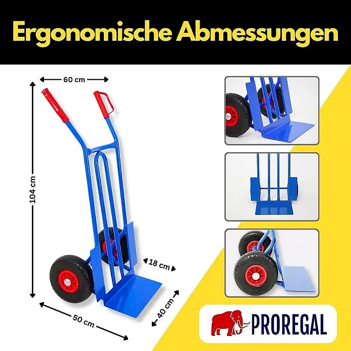 Stahlrohr-Sackkarre RHINO mit XL Schaufel, gebogenen Streben & pannensichere PU-Bereifung | Traglast 250kg | HxBxT 104x60x50cm | Blau | Transportkarre Staplerkarre Karrenwagen -  - Blauer Sackkarren aus Metall mit roten Griffen und schwarzen Rädern, mit Maßen: 104 cm H, 60 cm B, 40 cm Plattentiefe.