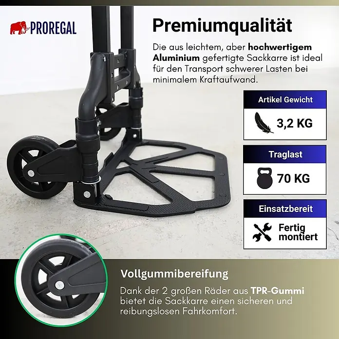 Proregal Sackkarre ELEPHANT 70 aus Aluminium mit klappbarer Schaufel & Vollgummibereifung - Aluminium, Traglast: 70 kg - Eine schwarze, leichte Aluminium-Sackkarre mit großen TPR-Gummirädern, ideal für den Transport schwerer Lasten.