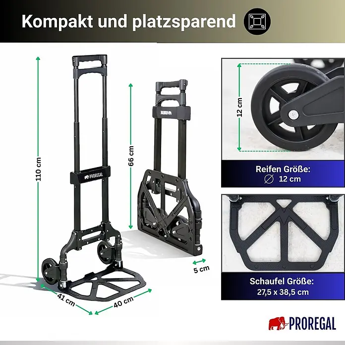 Proregal Sackkarre ELEPHANT 70 aus Aluminium mit klappbarer Schaufel & Vollgummibereifung - Aluminium, Traglast: 70 kg - Schwarzer, faltbarer Sackkarren mit Maßen, in aus- und eingeklapptem Zustand, kompakt und platzsparend.