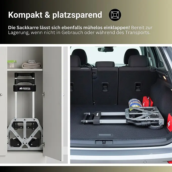 Proregal Sackkarre ELEPHANT 70 aus Aluminium mit klappbarer Schaufel & Vollgummibereifung - Aluminium, Traglast: 70 kg - Eine graue und schwarze klappbare Sackkarre, aufrecht in einem Schrank und flach im Kofferraum verstaut, zeigt ihr kompaktes Design.