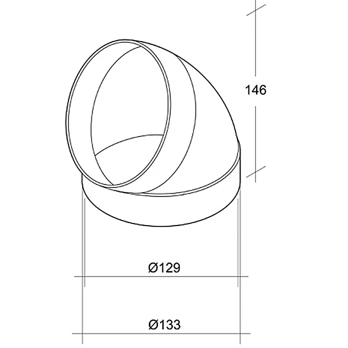 Air-Circle Rundrohr-Bogen - Durchmesser: 125 mm, Winkel: 45 ° - Abbildung eines Rohrbogens mit den Maßen 146 mm Höhe, 129 mm Innendurchmesser und 133 mm Außendurchmesser.