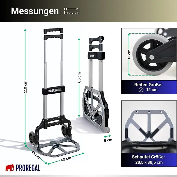 Klappbare Profi-Alu-Sackkarre ELEPHANT | Traglast 70kg | HxBxT 110x39x42cm | Aluminiumrahmen, ergonomische Griffe, pannensichere Vollgummibereifung | Silber | Transportkarre Staplerkarre Karrenwagen -  - Faltbarer Sackkarre aus Aluminium in Schwarz-Silber, mit Maßen für Höhe, Rad und Plattform.