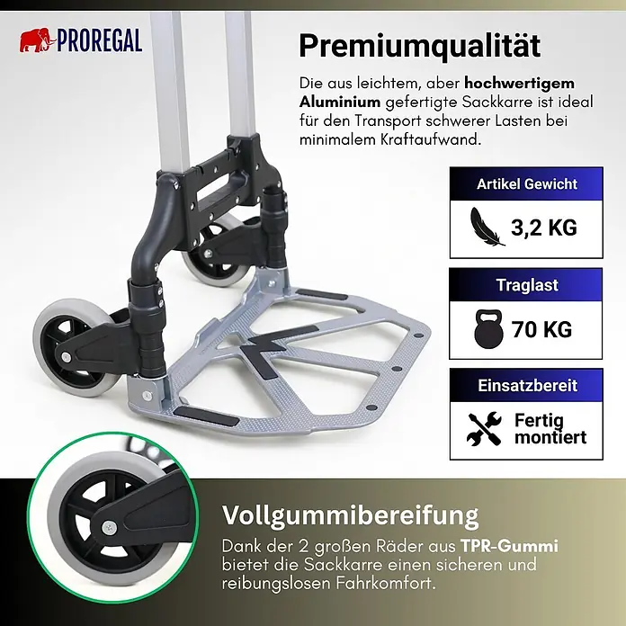 Klappbare Profi-Alu-Sackkarre ELEPHANT | Traglast 70kg | HxBxT 110x39x42cm | Aluminiumrahmen, ergonomische Griffe, pannensichere Vollgummibereifung | Silber | Transportkarre Staplerkarre Karrenwagen -  - Eine Aluminium-Sackkarre mit grauen TPR-Gummirädern, ideal für den Transport schwerer Lasten.