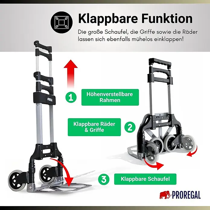 Klappbare Profi-Alu-Sackkarre ELEPHANT | Traglast 70kg | HxBxT 110x39x42cm | Aluminiumrahmen, ergonomische Griffe, pannensichere Vollgummibereifung | Silber | Transportkarre Staplerkarre Karrenwagen -  - Faltbarer Sackkarren mit höhenverstellbarem Rahmen, klappbaren Rädern, Griffen und Ladefläche für einfachen Transport und Lagerung.
