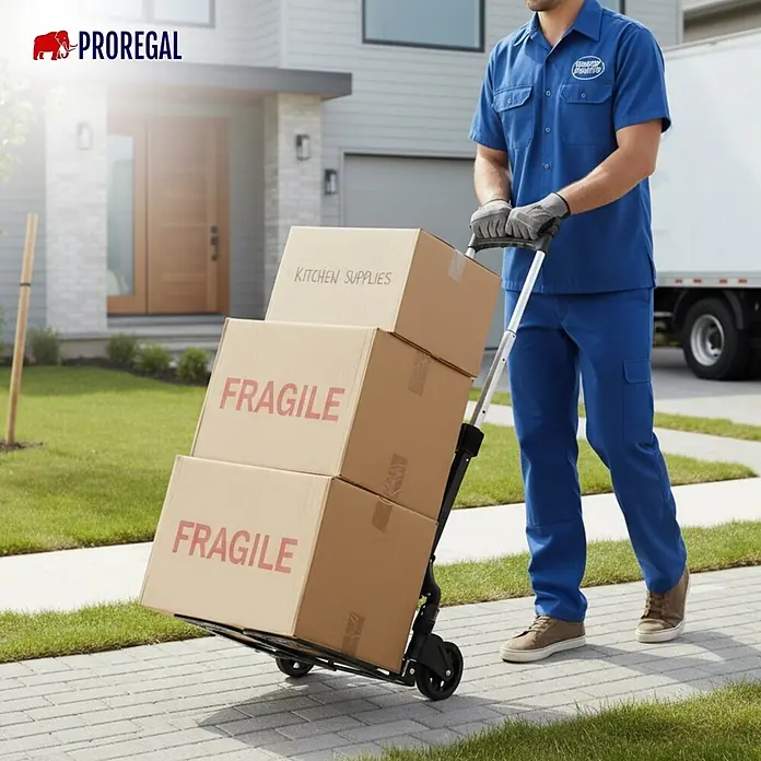 Klappbare Profi-Alu-Sackkarre ELEPHANT | Traglast 70kg | HxBxT 110x39x42cm | Aluminiumrahmen, ergonomische Griffe, pannensichere Vollgummibereifung | Silber | Transportkarre Staplerkarre Karrenwagen -  - Mann in blauer Uniform schiebt eine Sackkarre mit drei Kartons, zwei mit "FRAGILE", einer mit "KITCHEN SUPPLIES", auf gepflastertem Weg.