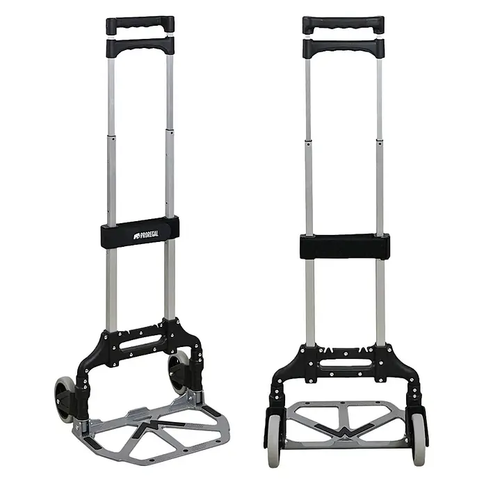 Klappbare Profi-Alu-Sackkarre ELEPHANT | Traglast 70kg | HxBxT 110x39x42cm | Aluminiumrahmen, ergonomische Griffe, pannensichere Vollgummibereifung | Silber | Transportkarre Staplerkarre Karrenwagen -  - Silber-grauer klappbarer Aluminium-Sackkarren mit schwarzen Griffen und grauen Rädern.