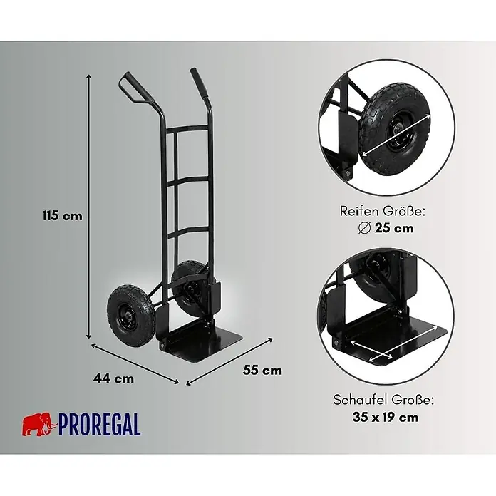 Proregal Sackkarre - Stahl, Traglast: 200 kg - Schwarze Sackkarre 115x44x55 cm, mit 25 cm Rädern und 35x19 cm Schaufel.