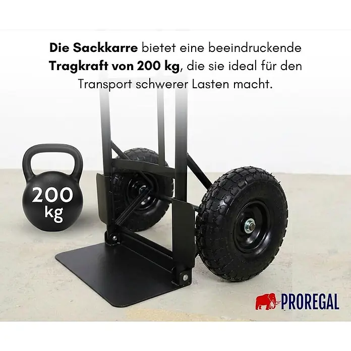 Sackkarre ODIN mit klappbarer Schaufel, gebogenen Streben & pannensichere PU-Bereifung | Traglast 200kg | HxBxT 115x54x44cm | Schwarz | Transportkarre Staplerkarre Karrenwagen klappbar -  - Eine schwarze Sackkarre mit luftbereiften Rädern, die eine Tragkraft von 200 kg für schwere Lasten zeigt.