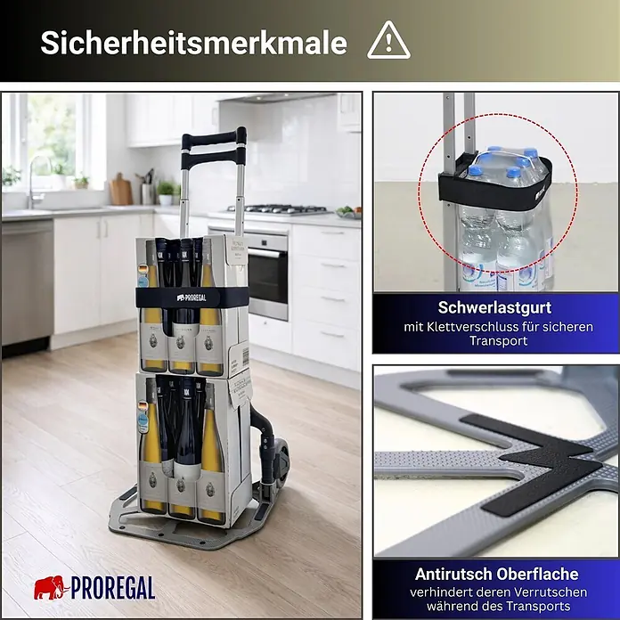 Klappbare Profi-Alu-Sackkarre ELEPHANT | Traglast 70kg | HxBxT 110x39x42cm | Aluminiumrahmen, ergonomische Griffe, pannensichere Vollgummibereifung | Silber | Transportkarre Staplerkarre Karrenwagen -  - Faltbarer Sackkarren mit Weinflaschen in einer Küche, zeigt Schwerlastgurt und rutschfeste Oberfläche für sicheren Transport.