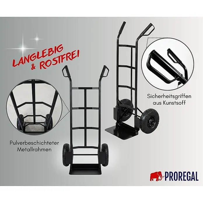Proregal Sackkarre - Stahl, Traglast: 200 kg - Schwarze pulverbeschichtete Sackkarre aus Metall mit Kunststoff-Sicherheitsgriffen, aus zwei Ansichten.