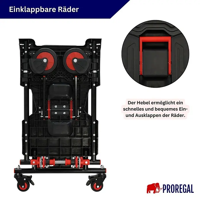 Proregal Sackkarre 2-in-1 Sackkarre & Plattformwagen klappbar KODIAK 150 kg Tragkraft Stahl - Stahl, Traglast: 150 kg - Schwarze klappbare Sackkarre von unten, zeigt den roten Radklappmechanismus. Ein Hebel ermöglicht schnelles Ein- und Ausklappen der Räder.