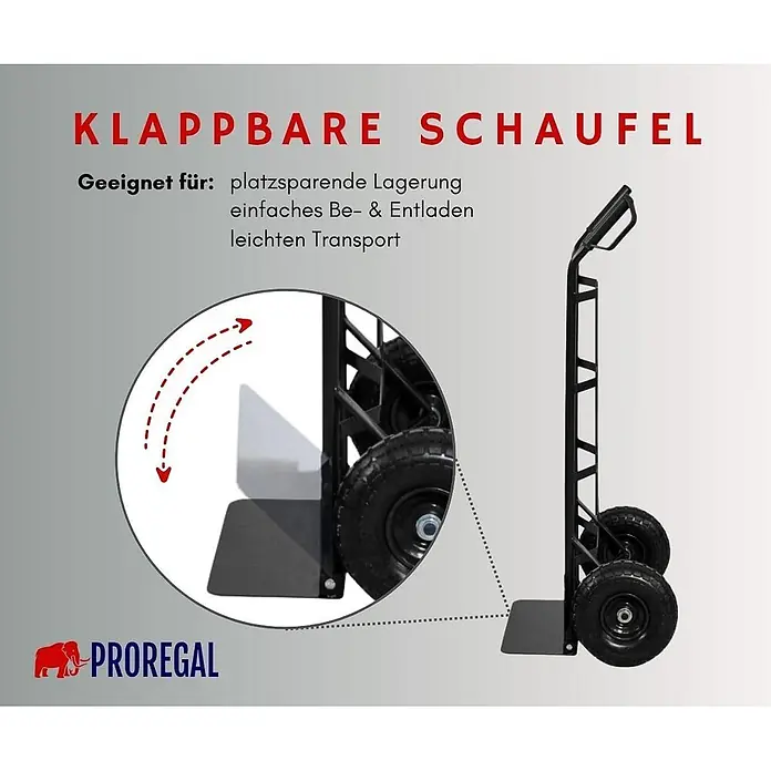 Sackkarre ODIN mit klappbarer Schaufel, gebogenen Streben & pannensichere PU-Bereifung | Traglast 200kg | HxBxT 115x54x44cm | Schwarz | Transportkarre Staplerkarre Karrenwagen klappbar -  - Schwarze, klappbare Sackkarre mit großen Rädern und faltbarer Ladefläche für platzsparende Lagerung und einfachen Transport.