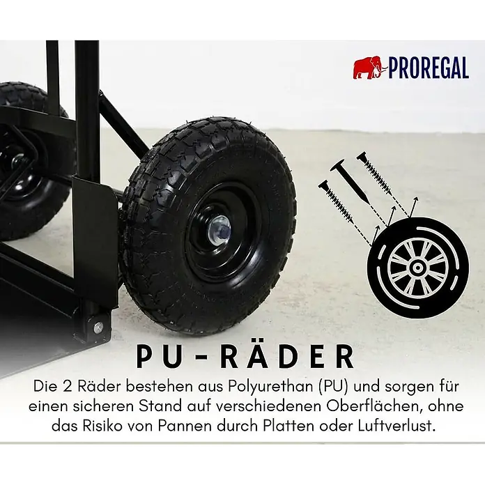 Proregal Sackkarre - Stahl, Traglast: 200 kg - Schwarzes Polyurethan (PU) Rad einer Sackkarre, pannensicher für stabilen Stand auf verschiedenen Oberflächen.