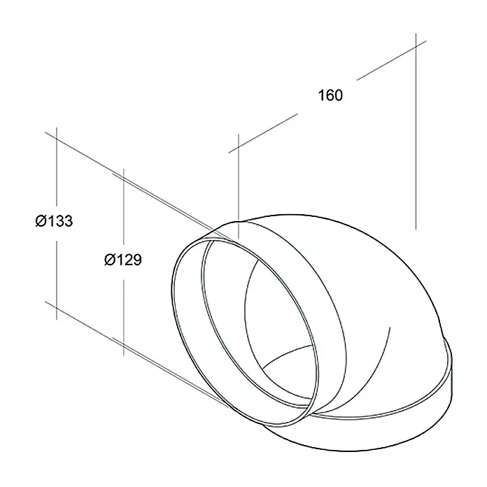 Air-Circle Rundrohr-Bogen - Durchmesser: 125 mm, Winkel: 90 ° - Abbildung eines Rohrbogens mit den Durchmessern Ø133 und Ø129 mm sowie einer Höhe von 160 mm. Technische Zeichnung des Produkts.