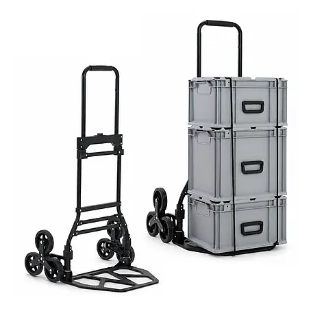 Klappbare Alu-Treppensackkarre ELEPHANT | Traglast 150kg | HxBxT 112x49x58cm | Aluminiumrahmen, ergonomische Griffe, pannensichere Vollgummibereifung | Schwarz | Treppensteiger Transportkarre Staplerkarre