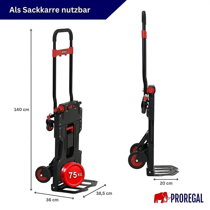 Proregal Sackkarre 2-in-1 Sackkarre & Plattformwagen klappbar KODIAK 150 kg Tragkraft Stahl - Stahl, Traglast: 150 kg - Klappbare schwarze und rote Sackkarre aufrecht und zusammengeklappt gezeigt, mit Maßen und 75 kg Traglast.