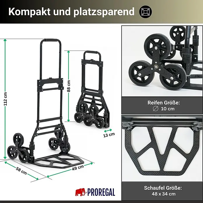 Klappbare Alu-Treppensackkarre ELEPHANT | Traglast 150kg | HxBxT 112x49x58cm | Aluminiumrahmen, ergonomische Griffe, pannensichere Vollgummibereifung | Schwarz | Treppensteiger Transportkarre Staplerkarre -  - Schwarze klappbare Treppenkarre, ausgeklappt (112 cm H) und zusammengeklappt (88 cm H, 13 cm T) gezeigt, mit 10 cm Rädern und 48x34 cm Schaufel.