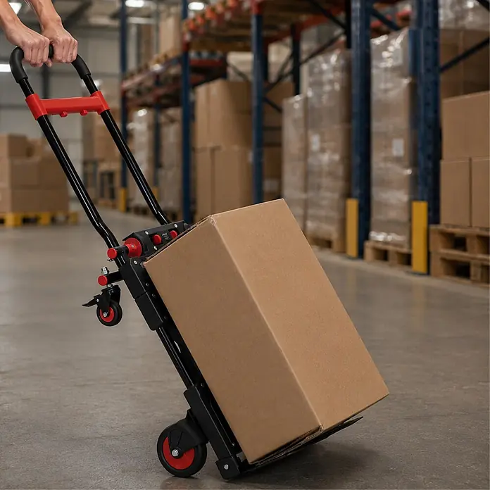 Proregal Sackkarre 2-in-1 Sackkarre & Plattformwagen klappbar KODIAK 150 kg Tragkraft Stahl - Stahl, Traglast: 150 kg - Schwarze und rote Sackkarre transportiert einen Karton in einem Lager.
