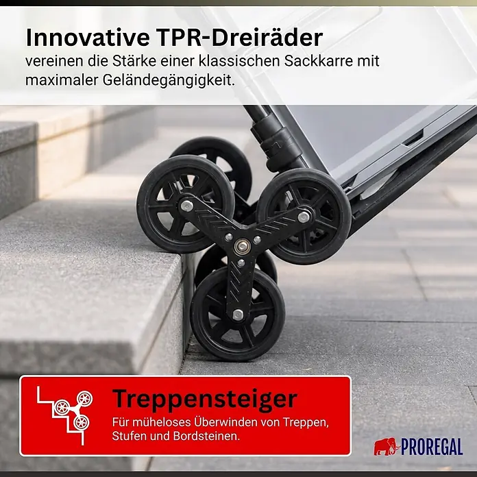 Proregal Treppen-Sackkarre ELEPHANT 110 aus Aluminium mit klappbarer Schaufel & Vollgummibereifung - Aluminium, Traglast: 150 kg - Schwarzes TPR-Mehrradsystem zum mühelosen Überwinden von Treppenstufen, an einer Sackkarre montiert.