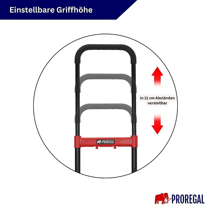 Proregal Sackkarre 2-in-1 Sackkarre & Plattformwagen klappbar KODIAK 150 kg Tragkraft Stahl - Stahl, Traglast: 150 kg - Verstellbarer schwarzer Griff mit roten Akzenten, in 11 cm Abständen höhenverstellbar.