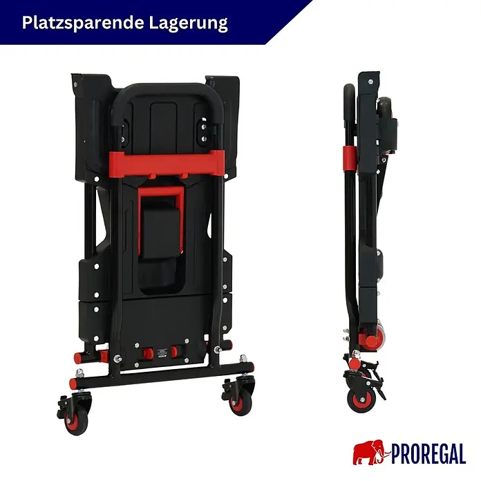 Proregal Sackkarre 2-in-1 Sackkarre & Plattformwagen klappbar KODIAK 150 kg Tragkraft Stahl - Stahl, Traglast: 150 kg - Gefalteter schwarzer Treppensteiger mit roten Akzenten, platzsparend gelagert, von vorne und seitlich.