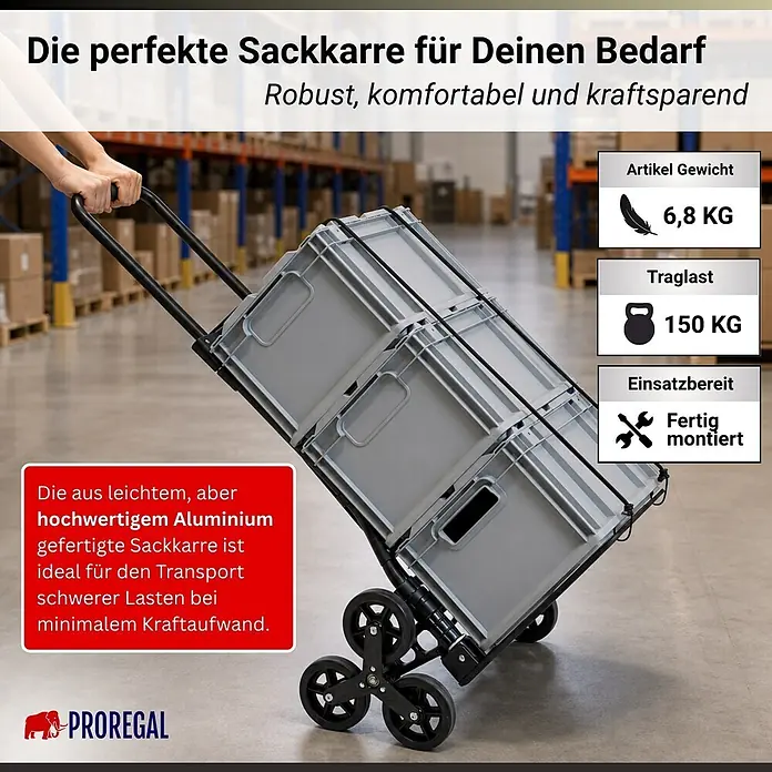 Klappbare Alu-Treppensackkarre ELEPHANT | Traglast 150kg | HxBxT 112x49x58cm | Aluminiumrahmen, ergonomische Griffe, pannensichere Vollgummibereifung | Schwarz | Treppensteiger Transportkarre Staplerkarre -  - Robuste Aluminium-Sackkarre (6,8 kg, 150 kg Traglast) mit 6-Rad-System, von einer Person mit Boxen in einem Lagerhaus geschoben.